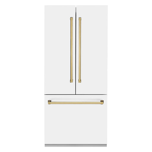 ZLINE 36 In. 19.6 cu. ft. Built-In French Door Refrigerator with Internal Water and Ice Dispenser in White Matte with Gold Accents, RBIVZ-WM-36-G