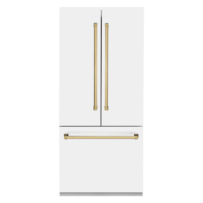 ZLINE 36 In. 19.6 cu. ft. Built-In French Door Refrigerator with Internal Water and Ice Dispenser in White Matte with Gold Accents, RBIVZ-WM-36-G