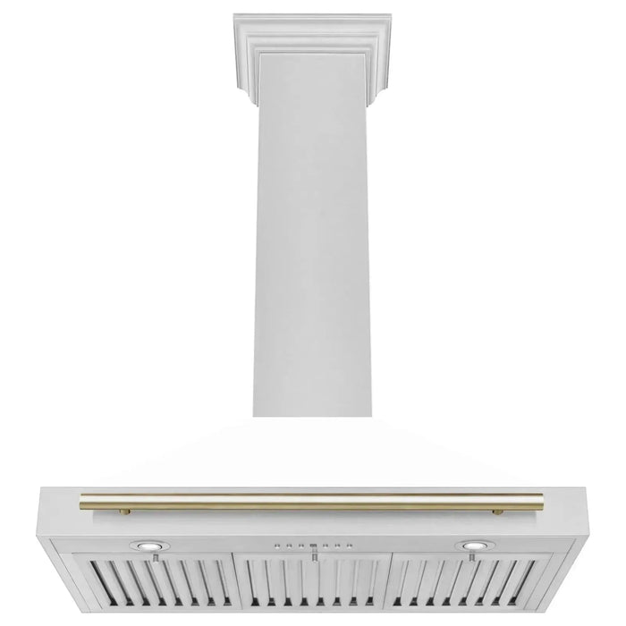 ZLINE 36 In Autograph Edition DuraSnow® Stainless Steel Range Hood with White Matte Shell and Gold Handle, KB4SNZ-WM36-G