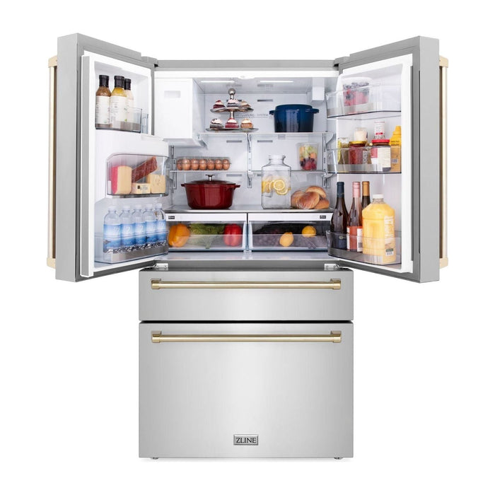 ZLINE 36 In. Autograph French Door Refrigerator with Water and Ice Dispenser in Fingerprint Resistant Stainless Steel with Gold Accents RFMZ-W-36-G