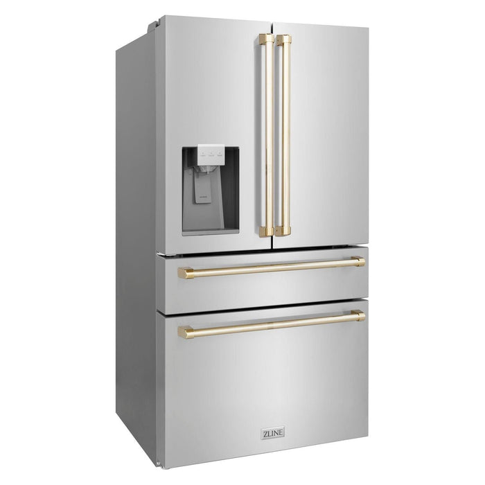 ZLINE 36 In. Autograph French Door Refrigerator with Water and Ice Dispenser in Fingerprint Resistant Stainless Steel with Gold Accents RFMZ-W-36-G