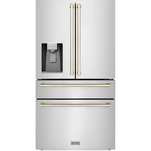 ZLINE 36 In. Autograph French Door Refrigerator with Water and Ice Dispenser in Fingerprint Resistant Stainless Steel with Gold Accents RFMZ-W-36-G