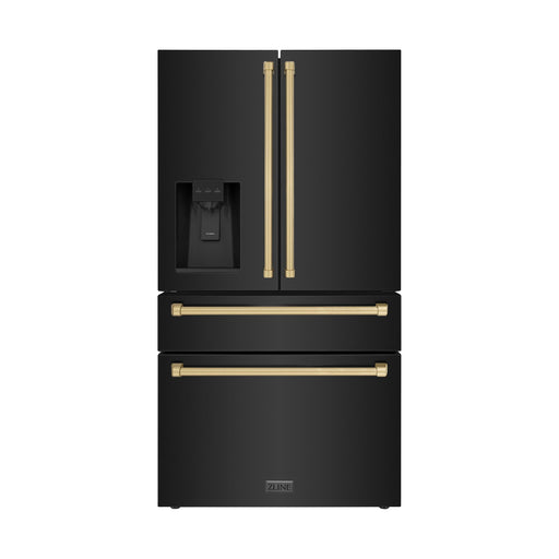 ZLINE 36 In. Autograph Refrigerator with Water and Ice Dispenser in Black with Champagne Bronze Handles, RFMZ-W-36-BS-CB