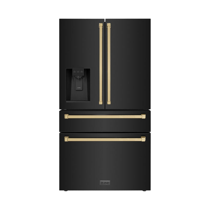 ZLINE 36 In. Autograph Refrigerator with Water and Ice Dispenser in Black with Champagne Bronze Handles, RFMZ-W-36-BS-CB