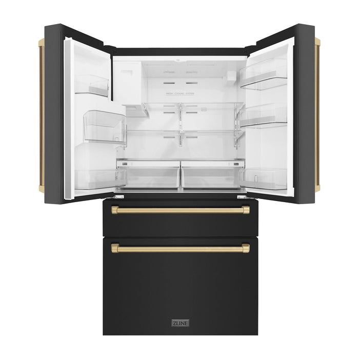 ZLINE 36 In. Autograph Refrigerator with Water and Ice Dispenser in Black with Champagne Bronze Handles, RFMZ-W-36-BS-CB