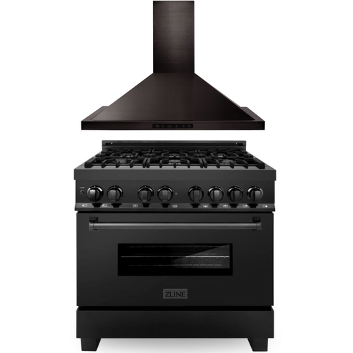 ZLINE 36 in. Black Stainless Steel Dual Fuel Range and 36 in. Range Hood Appliance Package