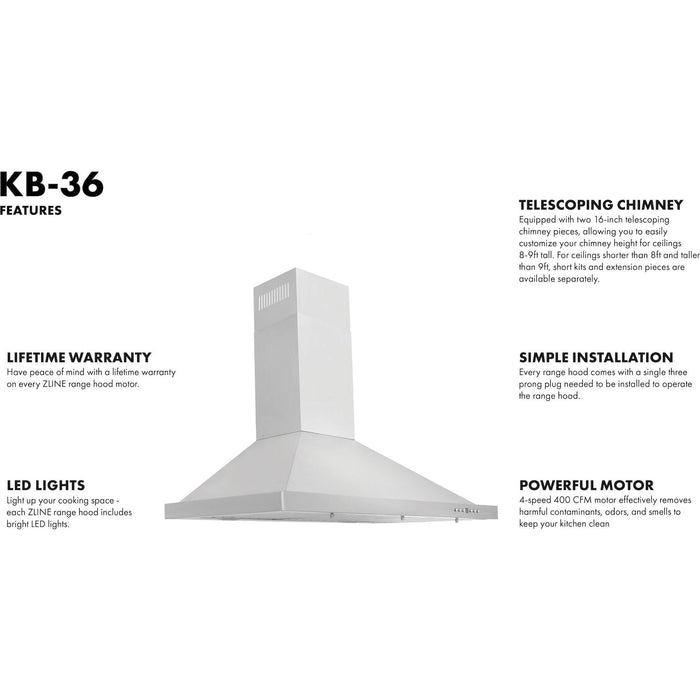 ZLINE 36 in. Convertible Vent Wall Mount Range Hood in Stainless Steel, KB-36