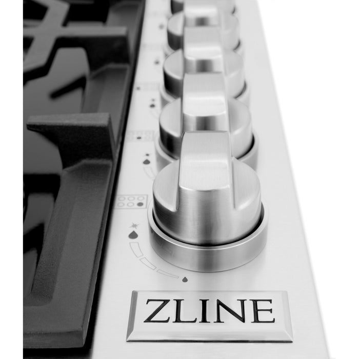 ZLINE 36 in. Dropin Cooktop with 6 Gas Burners and Black Porcelain Top and Brass Burners, RC-BR-36-PBT