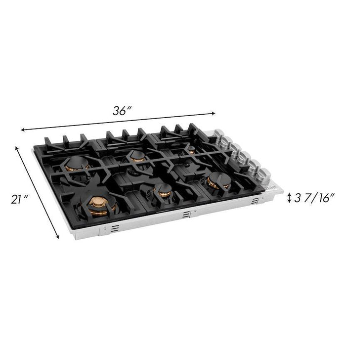 ZLINE 36 in. Dropin Cooktop with 6 Gas Burners and Black Porcelain Top and Brass Burners, RC-BR-36-PBT