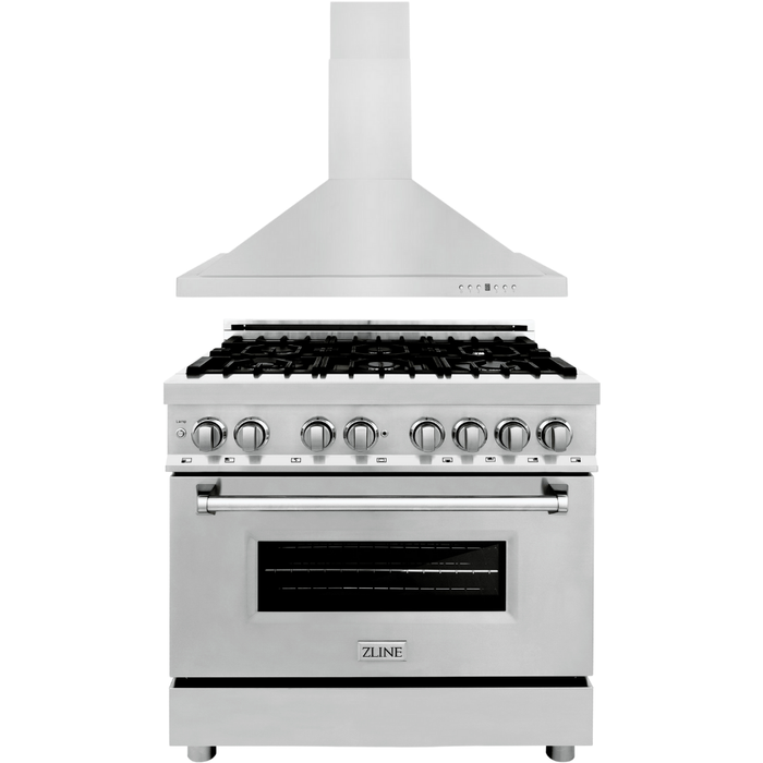 ZLINE 36 in. Dual Fuel Range and 36 in. Range Hood Appliance Package 2KP-RARH36