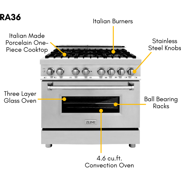 ZLINE 36 in. Dual Fuel Range and 36 in. Range Hood Appliance Package 2KP-RARH36