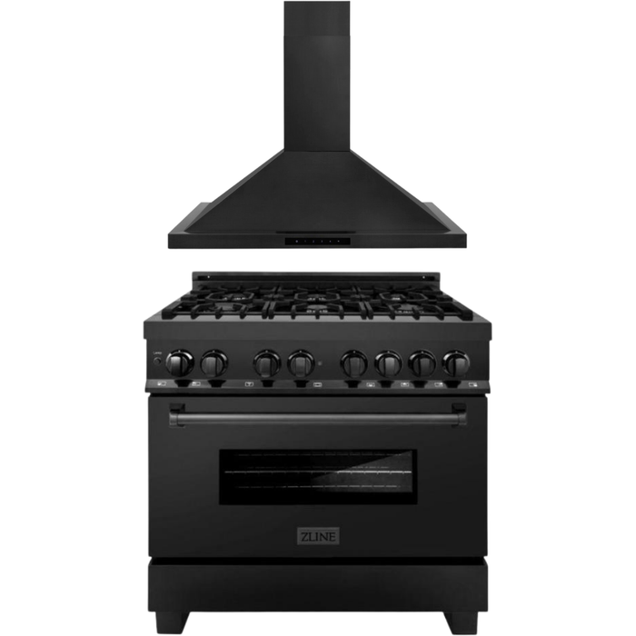 ZLINE 36 in. Dual Fuel Range and Range Hood In Black Stainless Steel Appliance Package 2KP-RABRH36