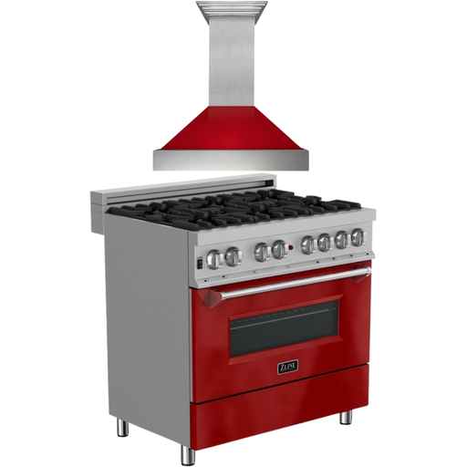 ZLINE 36 In. Dual Fuel Range In DuraSnown with Red Gloss Door & 36" Range Hood Appliance Package 2KP-RASRGRH36