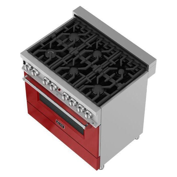 ZLINE 36 In. Dual Fuel Range In DuraSnown with Red Gloss Door & 36" Range Hood Appliance Package 2KP-RASRGRH36