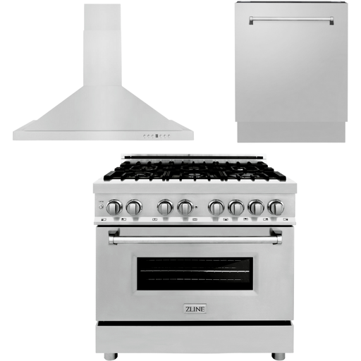 ZLINE 36 in. Dual Fuel Range, Range Hood and 3 Rack Dishwasher Appliance Package 3KP-RARH36-DWV