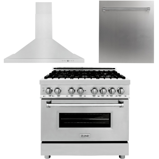 ZLINE 36 in. Dual Fuel Range, Range Hood and Dishwasher Appliance Package 3KP-RARH36-DW