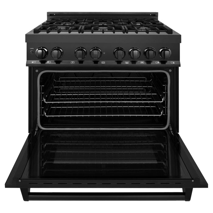 ZLINE 36 in. Dual Fuel Range, Range Hood and Dishwasher in Black Stainless Steel Appliance Package 3KP-RABRH36-DW