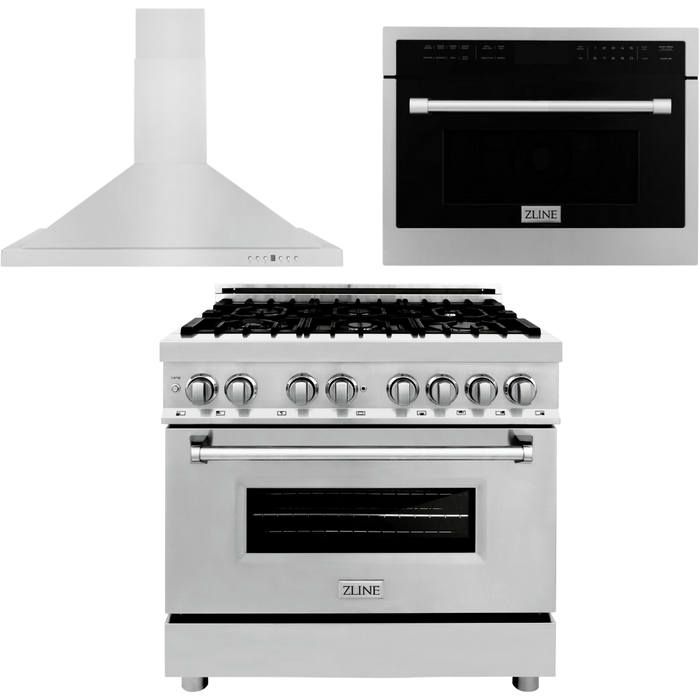 ZLINE 36 in. Dual Fuel Range, Range Hood and Microwave Oven Appliance Package 3KP-RARHC36-DWV