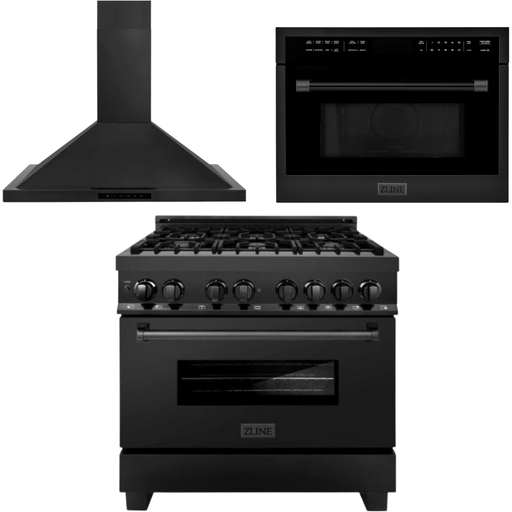 ZLINE 36 in. Dual Fuel Range, Range Hood and Microwave Oven In Black Stainless Steel Appliance Package 3KP-RABRH36-MO