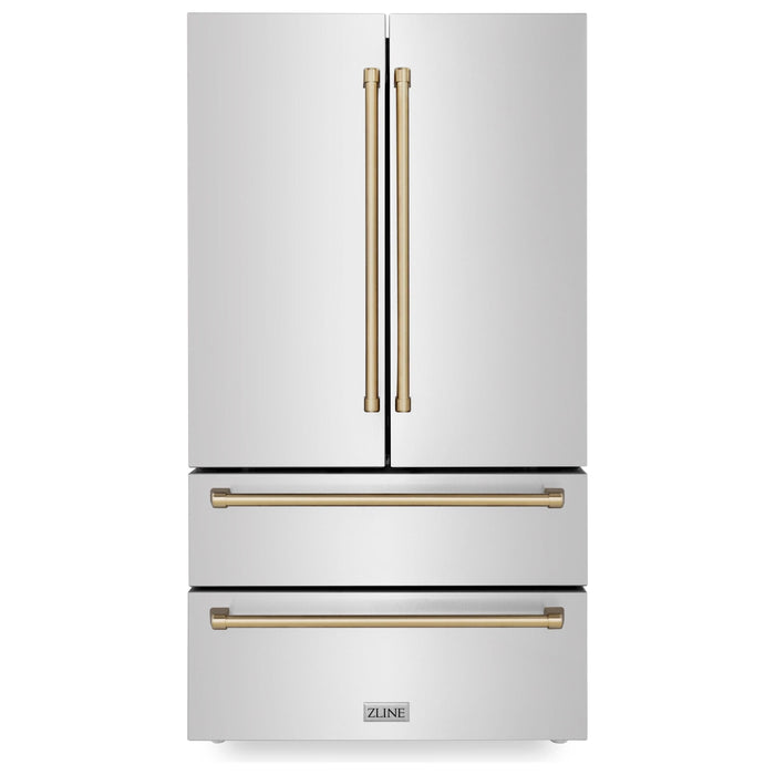 ZLINE 36 In. Dual Fuel Range, Range Hood, Dishwasher, Refrigerator with Champagne Bronze Accents Autograph Kitchen Appliance Package 4KAPR-RARHDWM36-CB