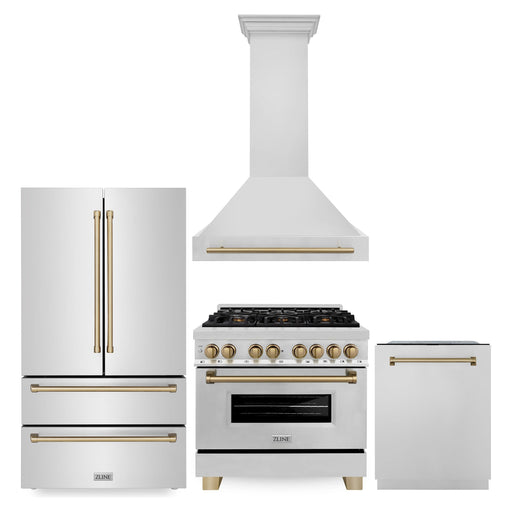 ZLINE 36 In. Dual Fuel Range, Range Hood, Dishwasher, Refrigerator with Champagne Bronze Accents Autograph Kitchen Appliance Package 4KAPR-RARHDWM36-CB