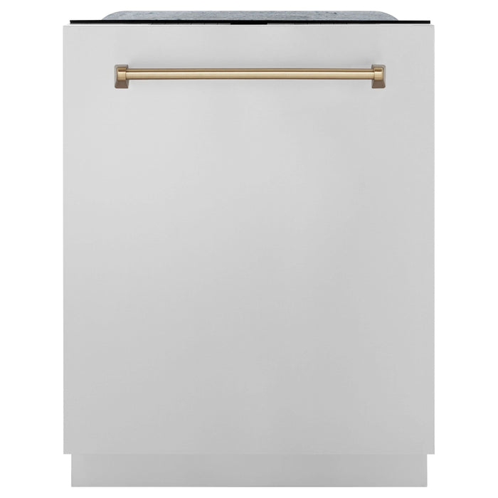 ZLINE 36 In. Dual Fuel Range, Range Hood, Dishwasher, Refrigerator with Champagne Bronze Accents Autograph Kitchen Appliance Package 4KAPR-RARHDWM36-CB