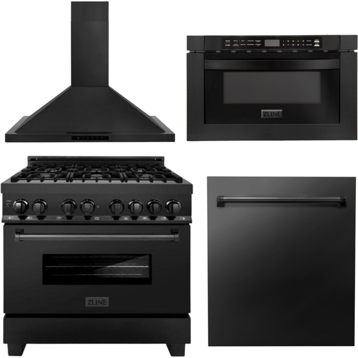 ZLINE 36 in. Dual Fuel Range, Range Hood, Microwave and Dishwasher Appliance Package In Black Stainless Steel 4KP-RABRBRH36-MWDW