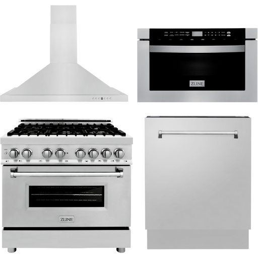 ZLINE Kitchen Appliance Packages ZLINE 36 in. Dual Fuel Range, Range Hood, Microwave Drawer and 3 Rack Dishwasher Appliance Package 4KP-RARH36-MWDWV