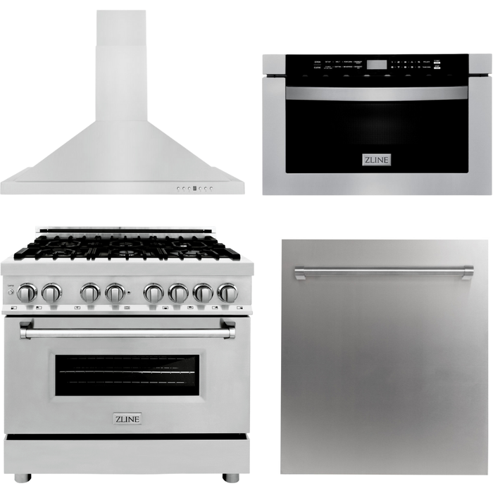 ZLINE 36 in. Dual Fuel Range, Range Hood, Microwave Drawer and Dishwasher Appliance Package 4KP-RARH36-MWDW