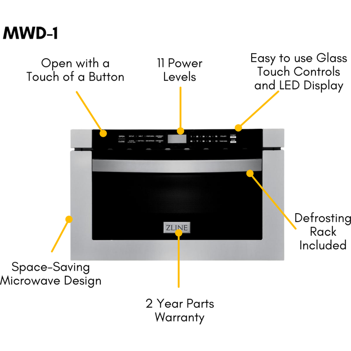 ZLINE 36 in. Dual Fuel Range, Range Hood, Microwave Drawer and Dishwasher Appliance Package 4KP-RARH36-MWDW