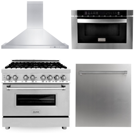 ZLINE Kitchen Appliance Packages ZLINE 36 in. Dual Fuel Range, Range Hood, Microwave Drawer and Dishwasher Appliance Package