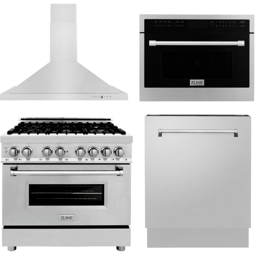 ZLINE 36 in. Dual Fuel Range, Range Hood, Microwave Oven and Dishwasher Appliance Package 4KP-RARH36-MODWV