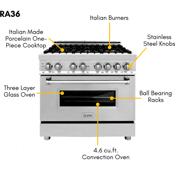 ZLINE 36 in. Dual Fuel Range, Range Hood, Microwave Oven and Dishwasher Appliance Package 4KP-RARH36-MODWV