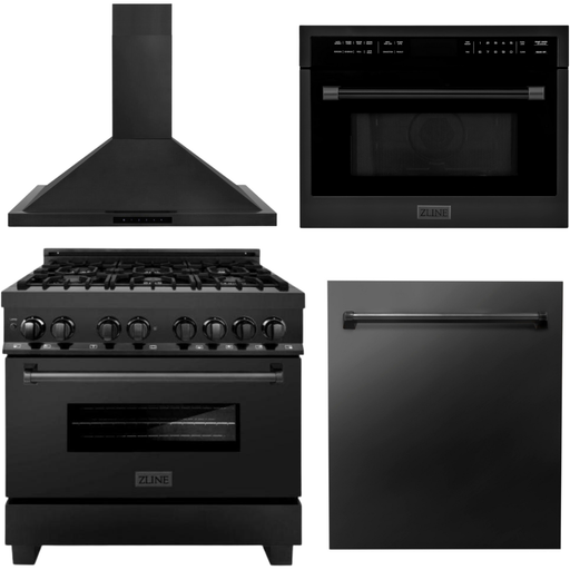 ZLINE 36 in. Dual Fuel Range, Range Hood, Microwave Oven and Dishwasher In Black Stainless Steel Appliance Package 4KP-RABRH36-MODW