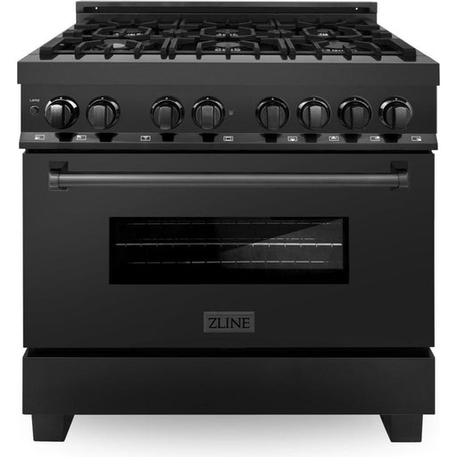 ZLINE 36 in. Dual Fuel Range, Range Hood, Microwave Oven and Dishwasher In Black Stainless Steel Appliance Package 4KP-RABRH36-MODW