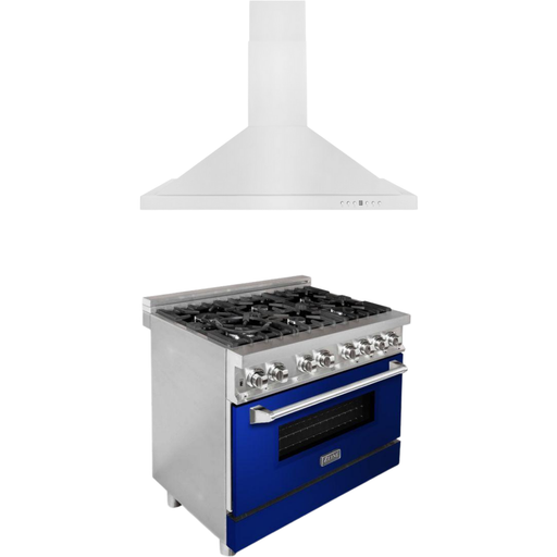 ZLINE 36 in. Dual Fuel Range with Blue Gloss Doors and 36 in. Range Hood Appliance Package 2KP-RABGRH36