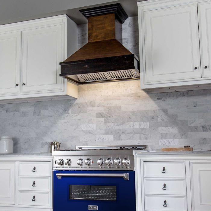 ZLINE 36 in. Dual Fuel Range with Blue Gloss Doors and 36 in. Range Hood Appliance Package 2KP-RABGRH36