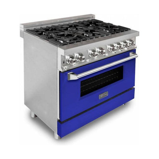 ZLINE Kitchen Appliance Packages ZLINE 36 in. Dual Fuel Range with Blue Matte Doors & 36 in. Range Hood Appliance Package 2KP-RABMRH36