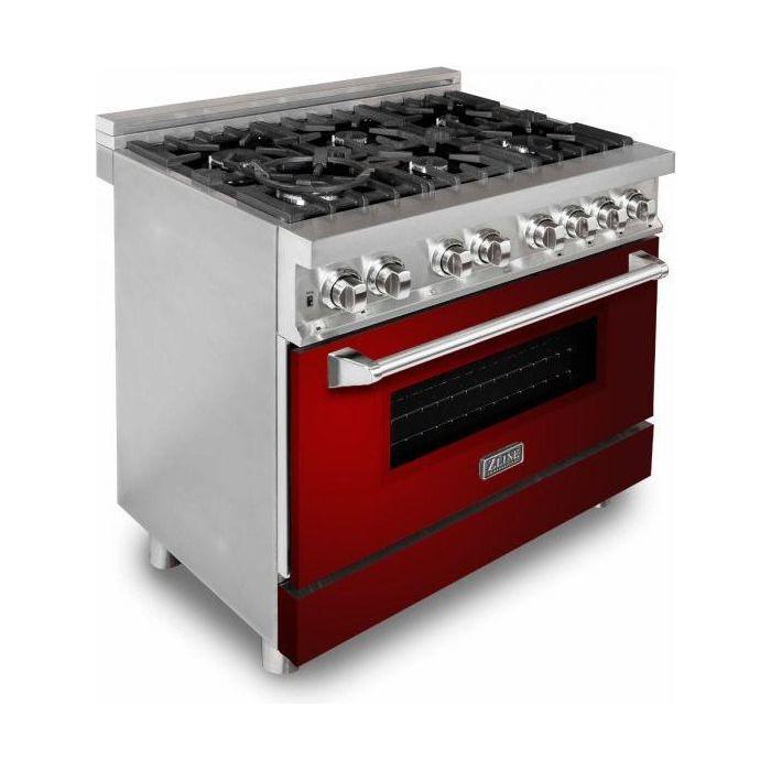 ZLINE 36 in. Dual Fuel Range with Red Gloss Door and 36 in. Range Hood Appliance Package 2KP-RARGRH36