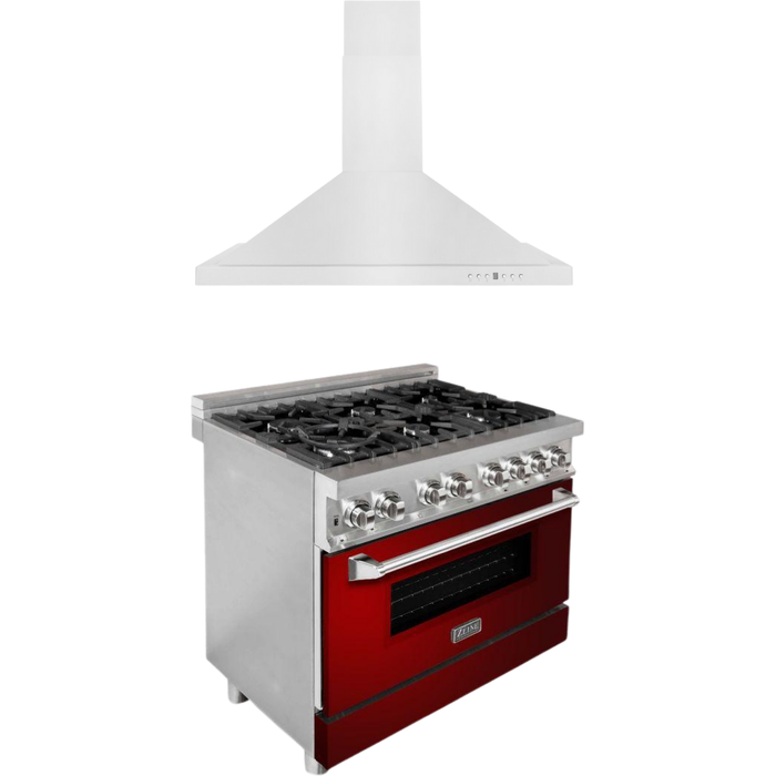 ZLINE 36 in. Dual Fuel Range with Red Gloss Door and 36 in. Range Hood Appliance Package 2KP-RARGRH36