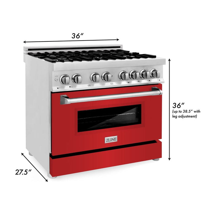 ZLINE Kitchen Appliance Packages ZLINE 36 in. Dual Fuel Range with Red Matte Doors & 36 in. Range Hood Appliance Package 2KP-RARMRH36