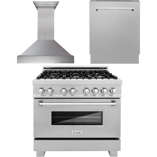 ZLINE 36 in. DuraSnow Stainless Dual Fuel Range, Ducted Vent Range Hood and Tall Tub Dishwasher Kitchen Appliance Package 3KP-RASRH36-DWV