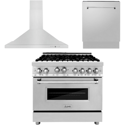 ZLINE 36 in. Gas Range, Range Hood and 3 Rack Dishwasher Appliance Package 3KP-RGRH36-DWV