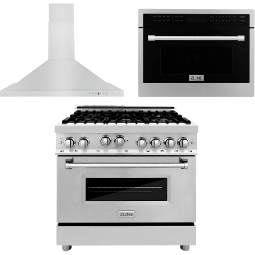 ZLINE 36 in. Gas Range, Range Hood and Microwave Oven Appliance Package 3KP-RGRHC36-DWV