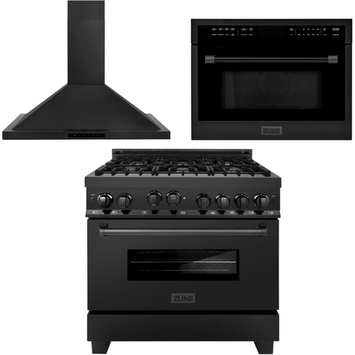 ZLINE 36 in. Gas Range, Range Hood and Microwave Oven In Black Stainless Steel Appliance Package 3KP-RBGRH36-MO