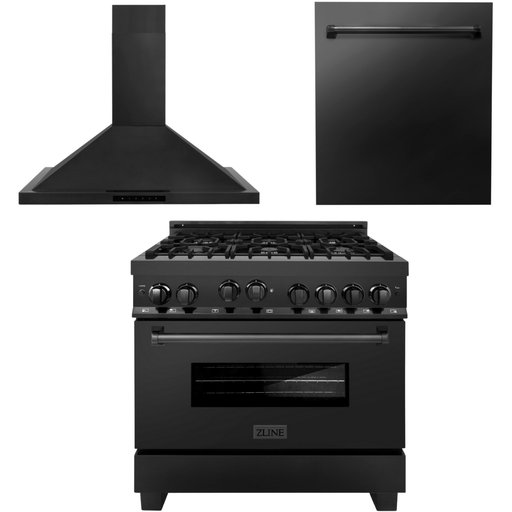 ZLINE 36 in. Gas Range, Range Hood, Dishwasher In Black Stainless Steel Appliance Package 3KP-RGBRH36-DW