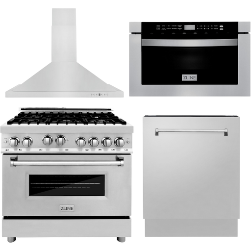 ZLINE 36 in. Gas Range, Range Hood, Microwave Drawer and 3 Rack Dishwasher Appliance Package 4KP-RGRH36-MWDWV