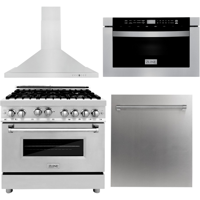 ZLINE 36 in. Gas Range, Range Hood, Microwave Drawer, and Dishwasher Appliance Package 4KP-RGRH36-MWDW