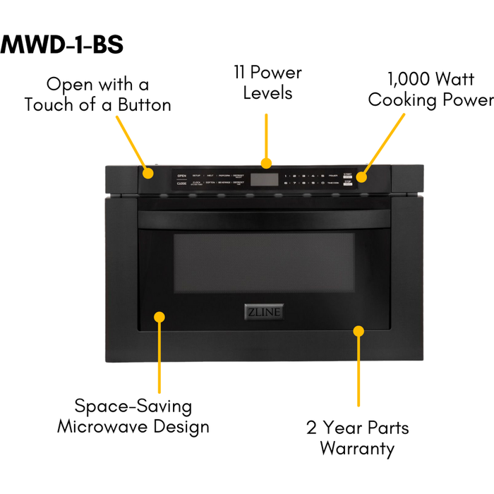 ZLINE 36 in. Gas Range, Range Hood, Microwave Drawer In Black Stainless Steel Appliance Package 3KP-RGBRBRH36-MW