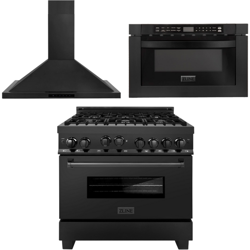 ZLINE 36 in. Gas Range, Range Hood, Microwave Drawer In Black Stainless Steel Appliance Package 3KP-RGBRBRH36-MW